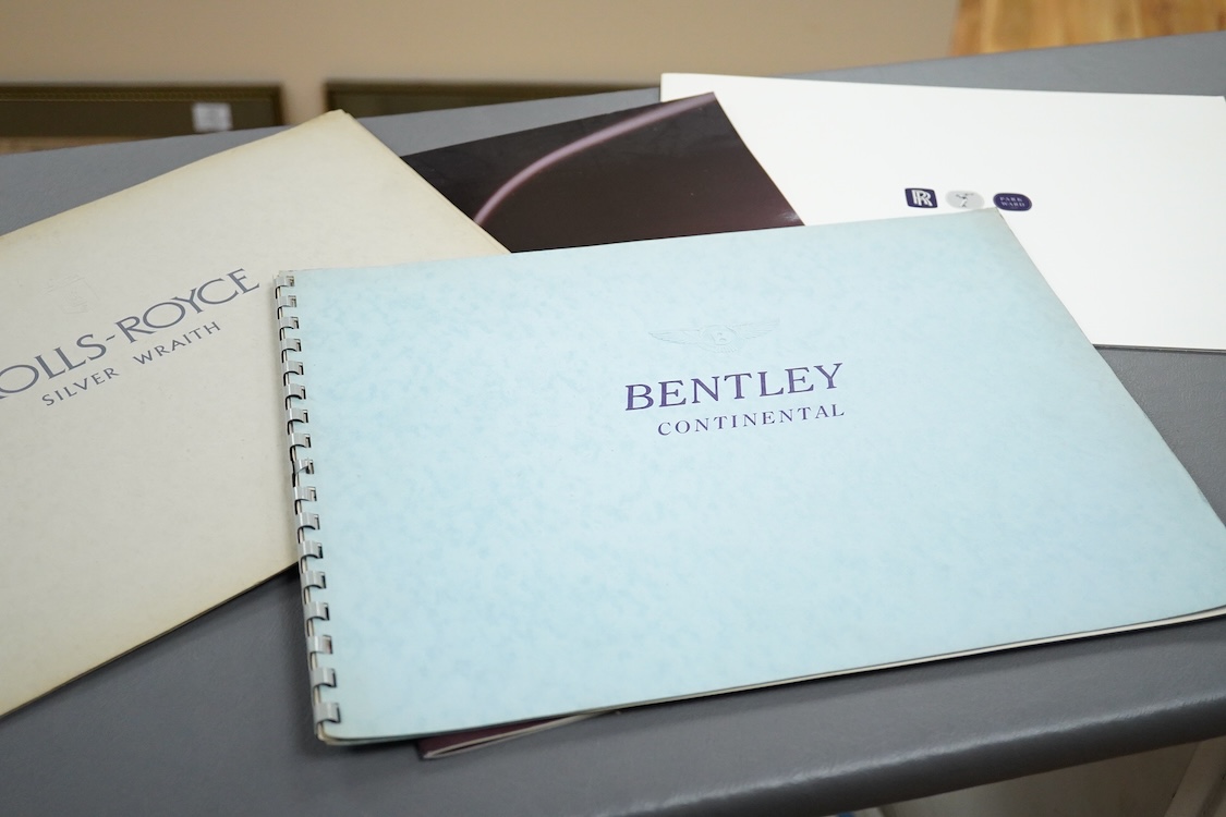 Seven 1940s to modern Rolls Royce and Bentley motor car manufacturer’s brochures; the Silver Wraith (produced 1946-58), the Bentley R Type Continental (produced 1952-55), the Rolls-Royce Silver Cloud II (produced 1959-66